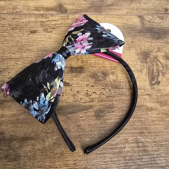 New Justice Floral Black Headband with Bow - Picture 1 of 7